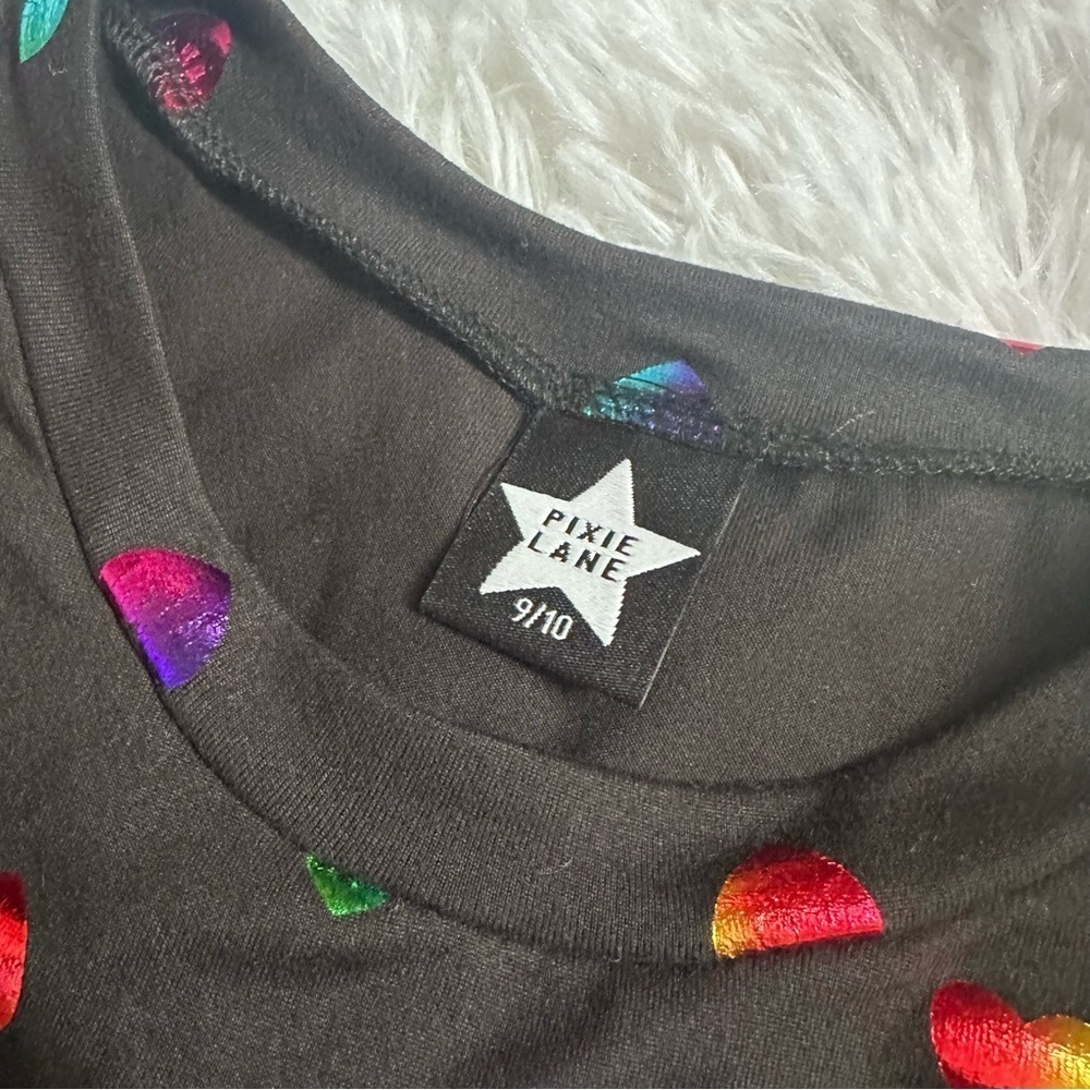 Pixie Lane | Black Foil Rainbow Heart Dress | Size 9/10 - Picture 5 of 10